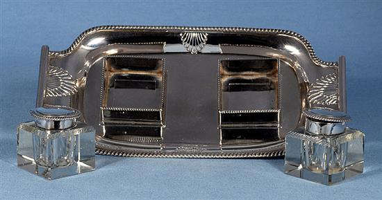 A late Victorian silver inkstand, by Martin, Hall & Co, length 262mm, weight 12.4oz/388grms.